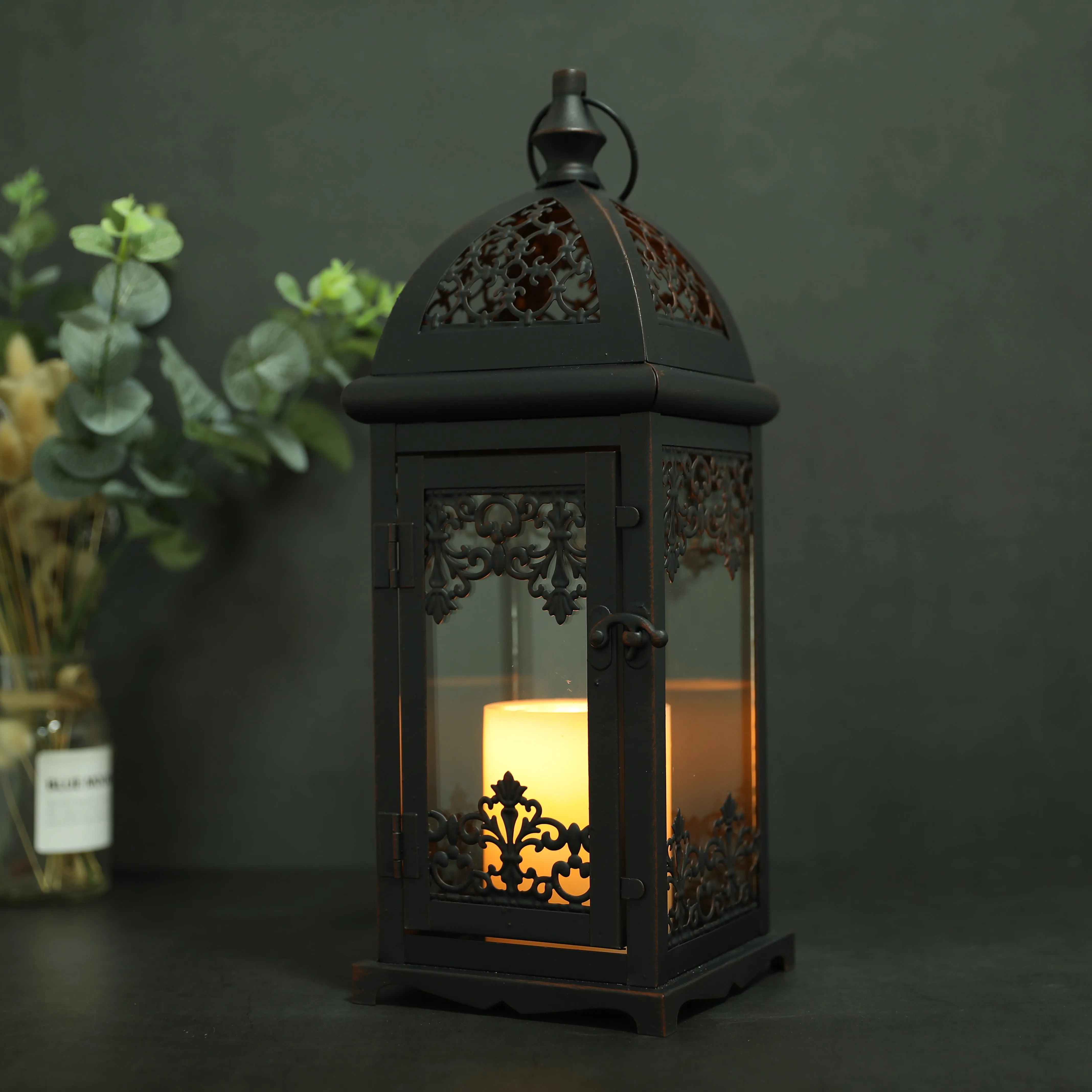 15" High Decorative Candle Lantern Black