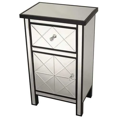 20" X 13" X 32.7" Black MDF Wood Mirrored Glass Cabinet with a Drawer and a Door