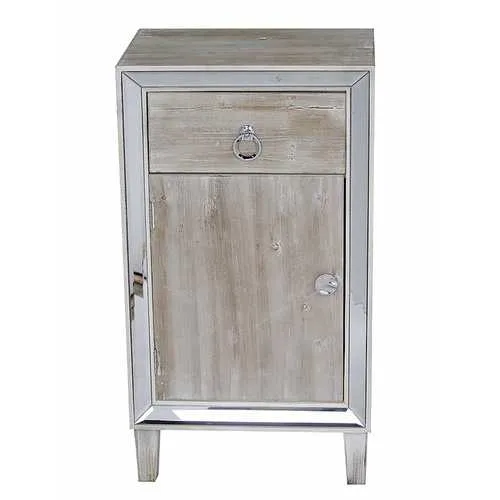 22.75" X 19" X 38" White Washed MDF Wood Mirrored Glass Cabinet with a Drawer and a Door