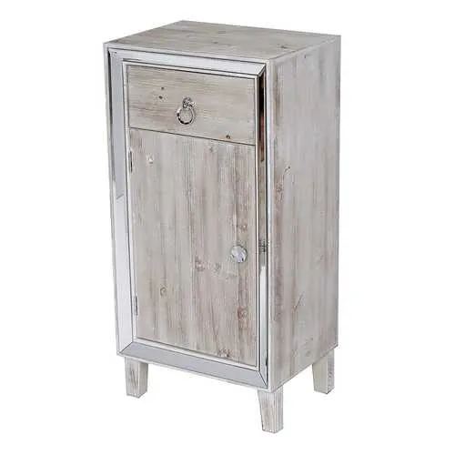 22.75" X 19" X 38" White Washed MDF Wood Mirrored Glass Cabinet with a Drawer and a Door