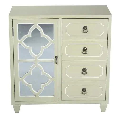 29.5" X 14" X 30.75" Beige MDF Wood Mirrored Glass Sideboard with a Door  Drawers and Quatrefoil Inserts