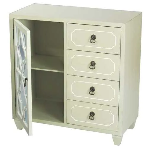 29.5" X 14" X 30.75" Beige MDF Wood Mirrored Glass Sideboard with a Door  Drawers and Quatrefoil Inserts