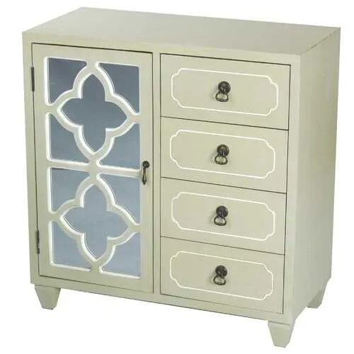 29.5" X 14" X 30.75" Beige MDF Wood Mirrored Glass Sideboard with a Door  Drawers and Quatrefoil Inserts