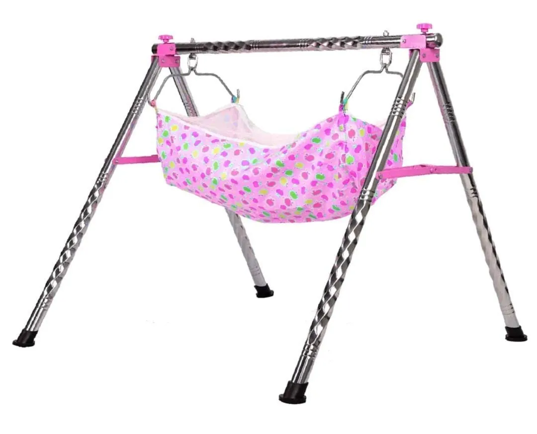 A to Z Hub Baby Boy'S And Girl'S Portable Folding Swing Cradle/Ghodiyu/Parna/Jhula, With Free Baby Cotton Hammock. (Regular Folding Round Pipe (Pink)), 8 Centimeters, 26 Centimeters