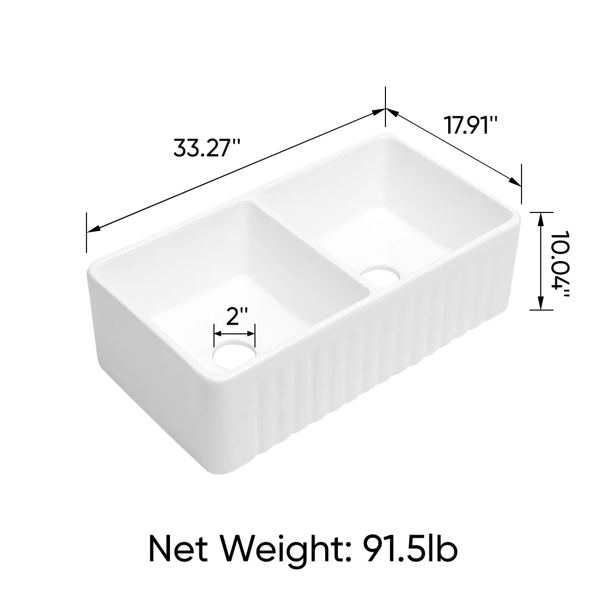 Ceramic Double Bowl Rectangle Kitchen Sink 33" Wide