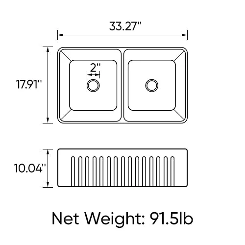 Ceramic Double Bowl Rectangle Kitchen Sink 33" Wide