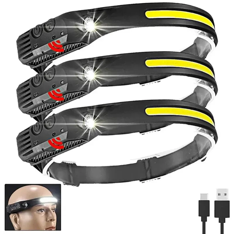 COB XPE LED Headlamp Sensor Head Flashlight 350lm USB TYPE-C Rechargeable Headlight with Built-in 18650 Battery Front Lanterns