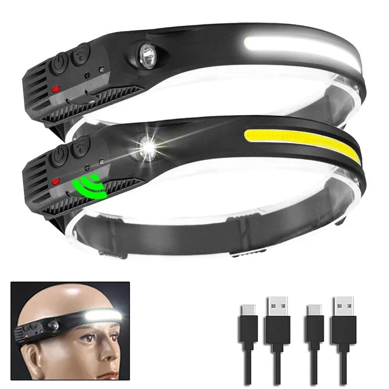 COB XPE LED Headlamp Sensor Head Flashlight 350lm USB TYPE-C Rechargeable Headlight with Built-in 18650 Battery Front Lanterns