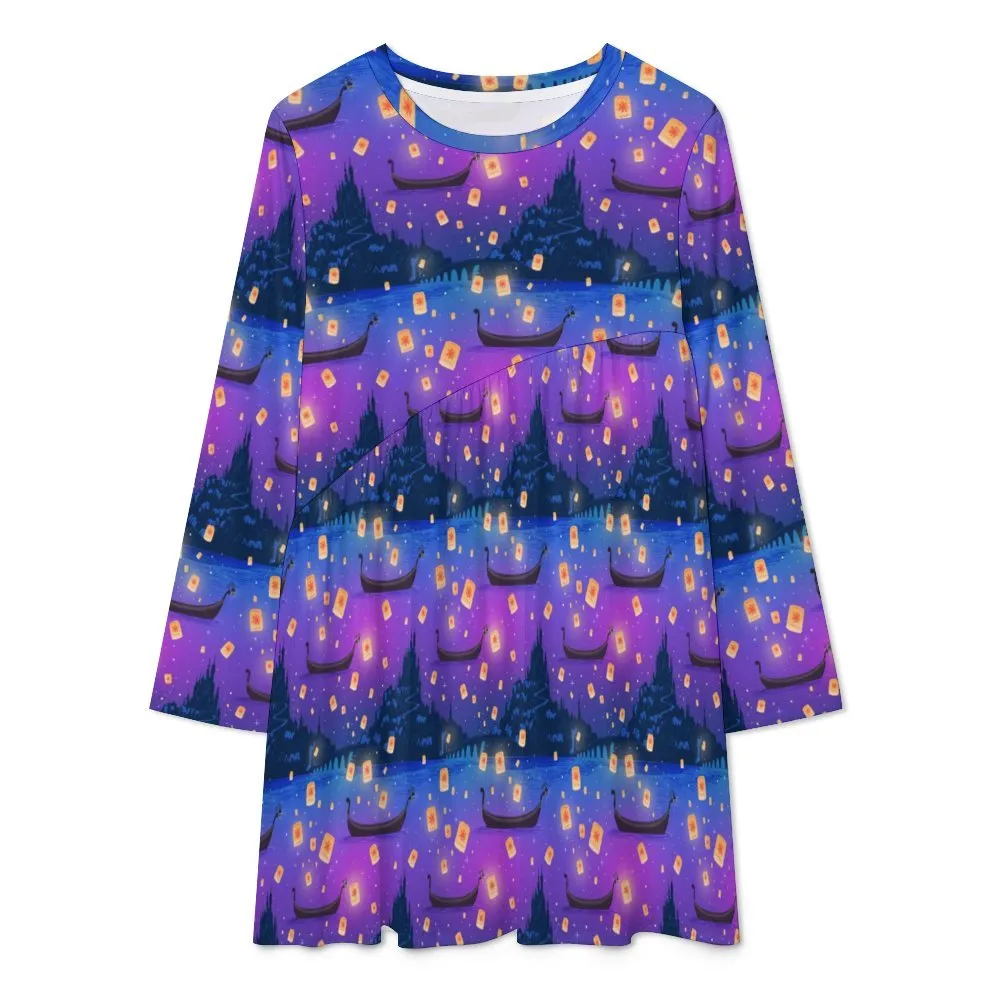 Disney Tangled Rapunzel Floating Lanterns Long Sleeve Patchwork T-shirt Dress