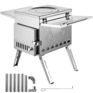 essential Camping Stove 17.5x14.7x10.6 inch, Outdoor Wood Burner Made of 304 Stainless Steel With Collapsible Pipe, Compact Wood Stove 95.7 inch Height For Outdoor Heating, Cooking, Tent, Hunting