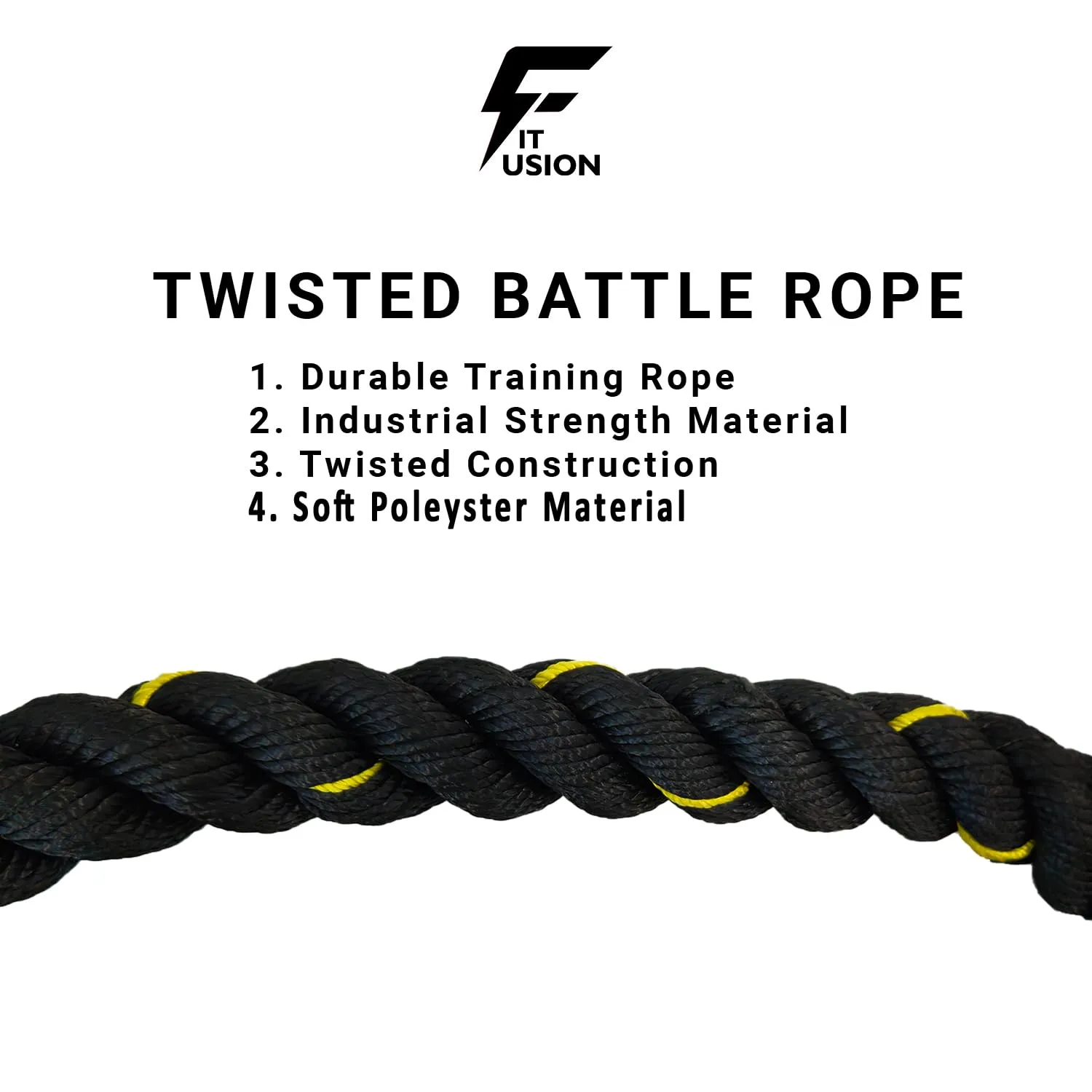 Fit Fusion Polyester Flexible Black Yellow Diameter 1.5-Inch Heavy Battle Rope for Gym and Home Workouts(50 Feet)