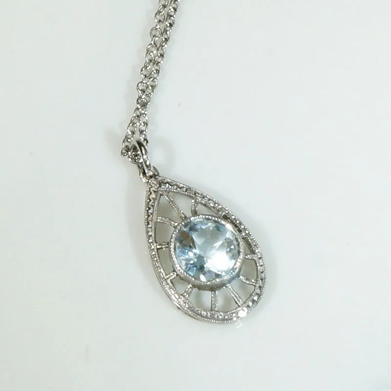 Frosty Aquamarine in Engraved Platinum Teardrop Pendant