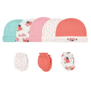 Hudson Baby Cotton Cap and Scratch Mitten Set, Floral