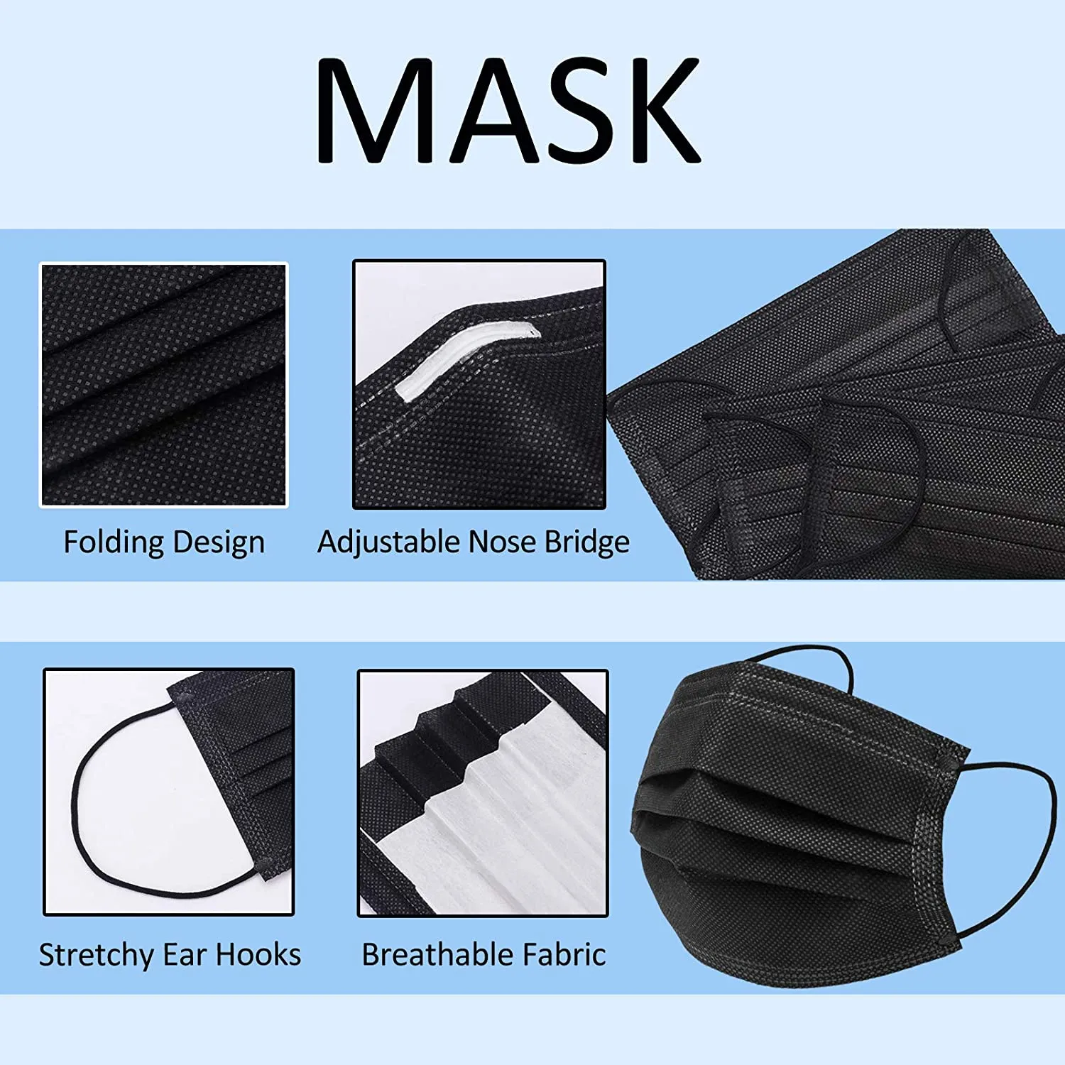 ITEM# 0013   Medium Pack of 50 Disposable Face Mask 3-Ply Breathable & Comfortable Safety Mask, Protective Masks for Indoor and Outdoor - Individually Wrapped (Black Mask)