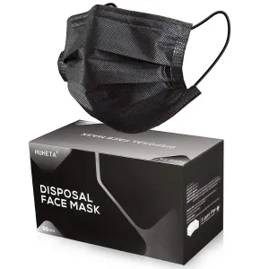 ITEM# 0013   Medium Pack of 50 Disposable Face Mask 3-Ply Breathable & Comfortable Safety Mask, Protective Masks for Indoor and Outdoor - Individually Wrapped (Black Mask)