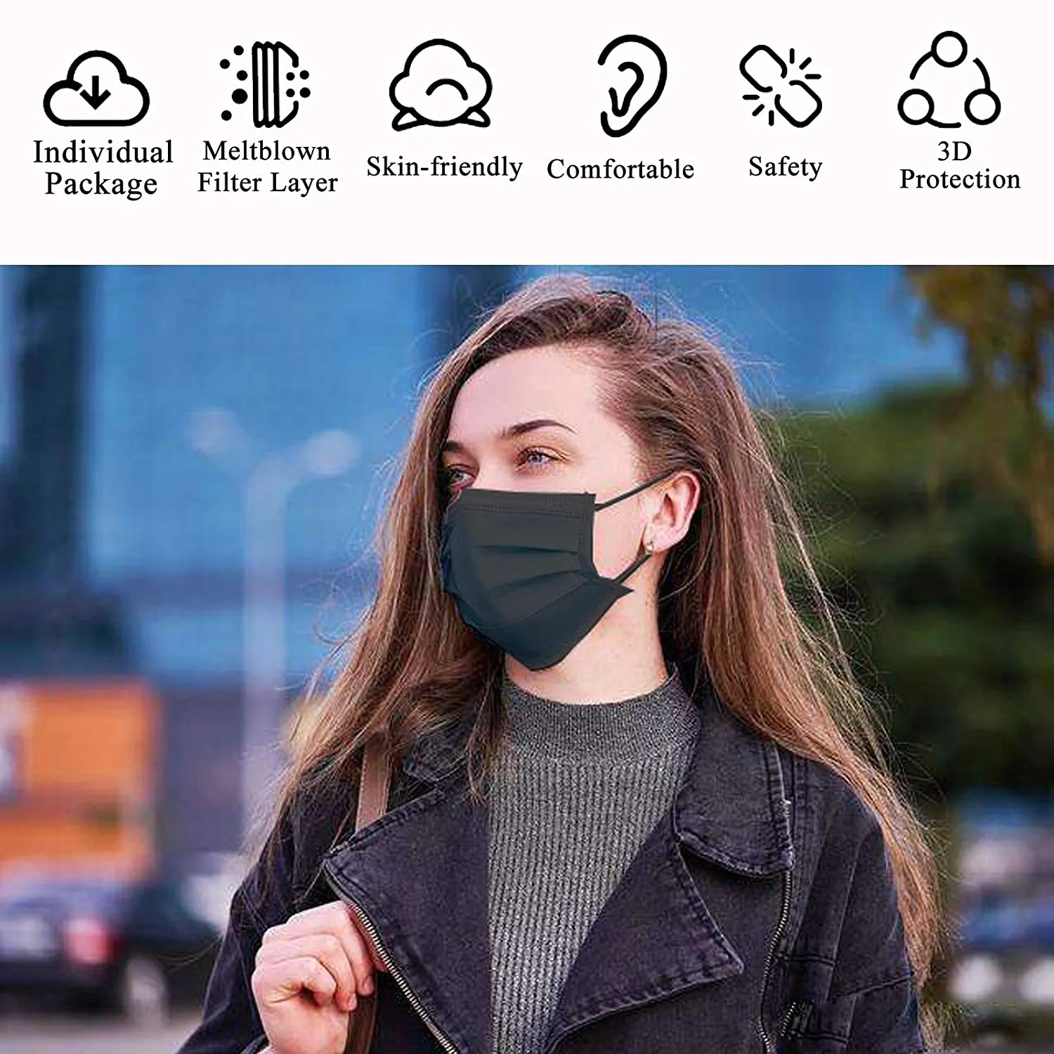 ITEM# 0013   Medium Pack of 50 Disposable Face Mask 3-Ply Breathable & Comfortable Safety Mask, Protective Masks for Indoor and Outdoor - Individually Wrapped (Black Mask)