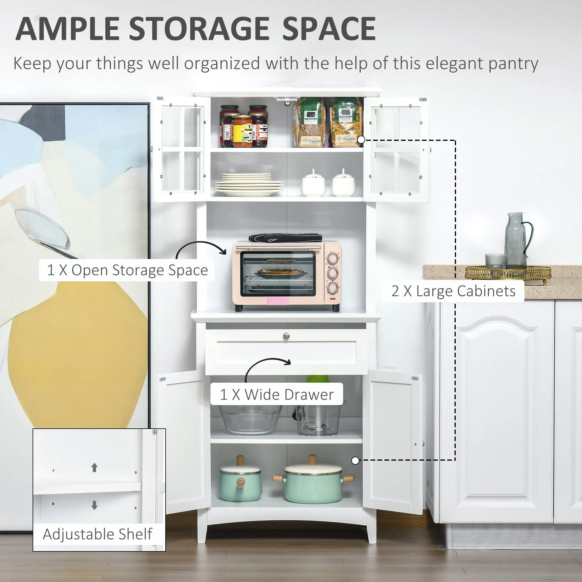 Kitchen Buffet and Hutch Wooden Storage Cupboard w/ Framed Glass Door, Drawer, Space for Dining and Living Room, 68.6W x 40D x 164Hcm, White