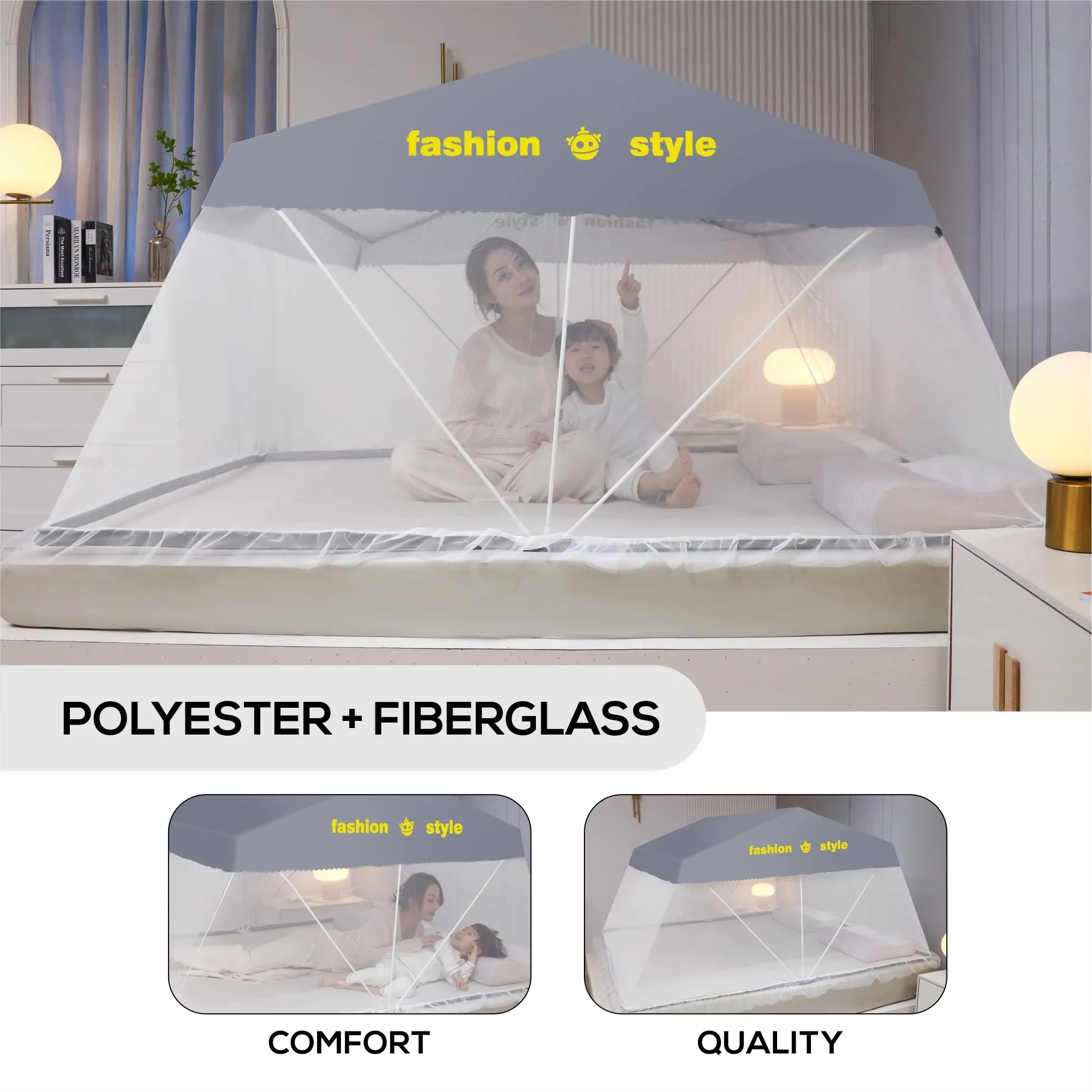 Kuber Industries Double Bed Tent Mosquito Net for Bed | Slide to Open Design | Insect Protection Strong & Foldable Machhardani 6.4 x 5.2 ft - Grey