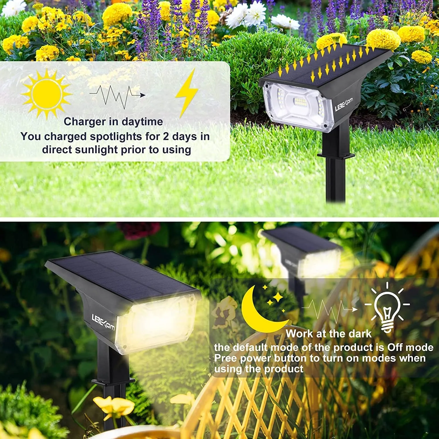 LEREKAM 40 Leds Solar Spotlights Outdoor,Ip65 Waterproof Solar Powered Landscape Spotlights 2-In-1 Wall Light, Outdoor Solar Landscaping Lights Auto On/Off for Yard Garden 2Pack Warm-White