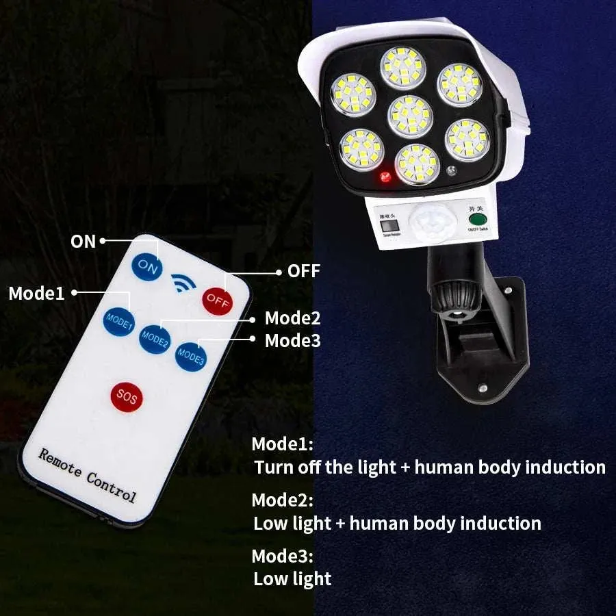 Outdoor Solar Lights Motion Sensor Security Dummy Camera Wireless P65 Waterproof Solar Lamp 3 Modes for Home Garden 77 Leds