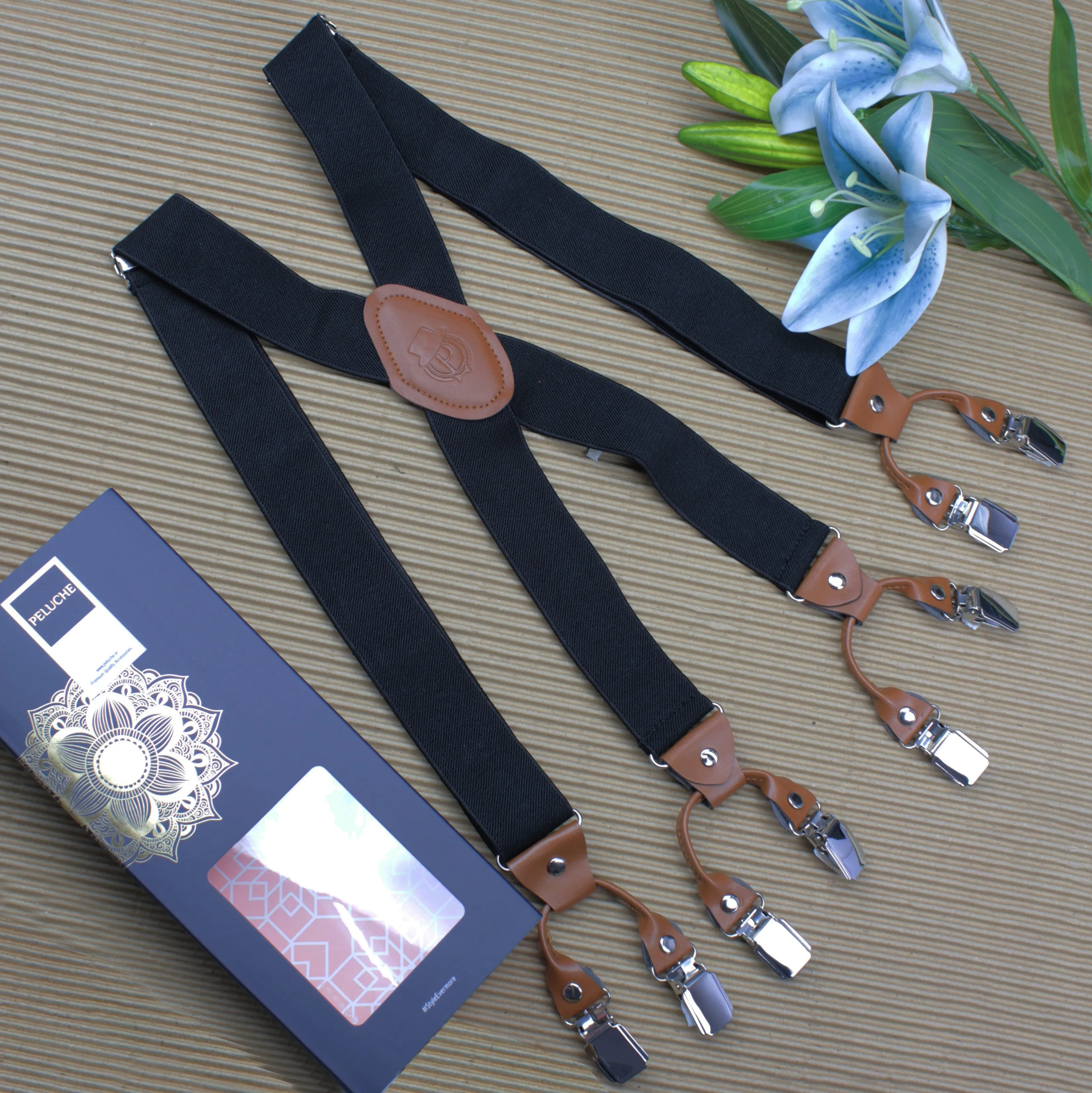 Peluche Novelist Charmer Black & Tan Brown 8 Clips Suspender