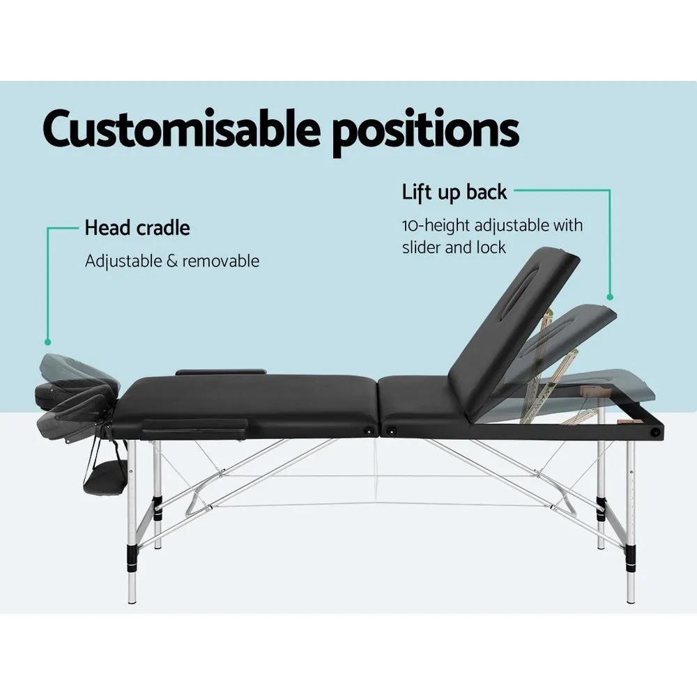 Portable 3 Fold Aluminium Massage Table, Black, 300kg, Zenses