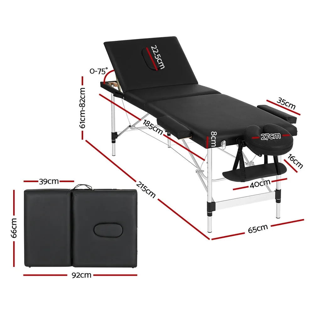 Portable 3 Fold Aluminium Massage Table, Black, 300kg, Zenses