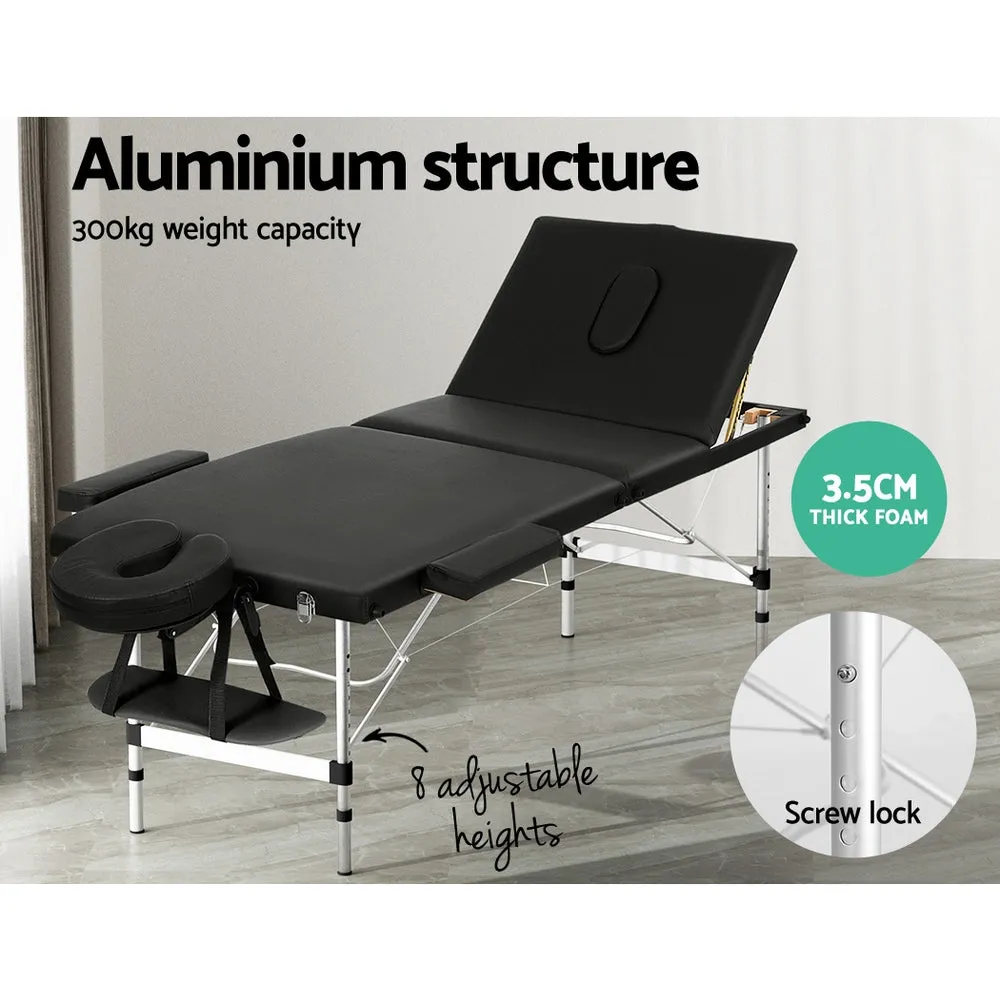 Portable 3 Fold Aluminium Massage Table, Black, 300kg, Zenses