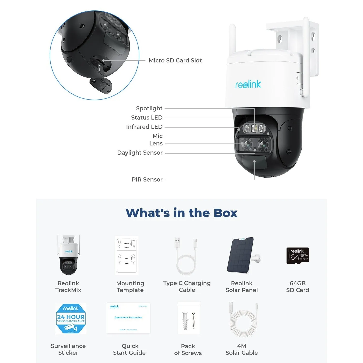 Reolink TrackMix 2K Cam with 6W Solar Panel & 64GB MicroSD Card