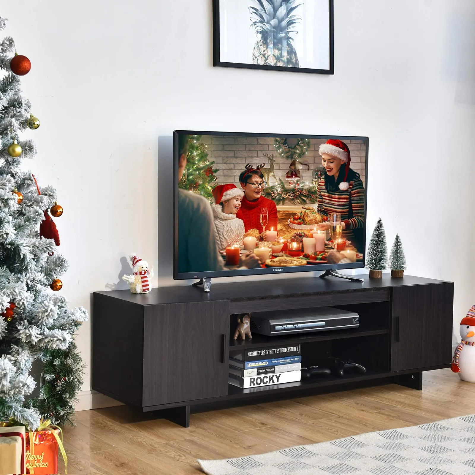 Tangkula Modern Wood Universal TV Stand for TV up to 65", Media Console with 2 Storage Cabinets & Open Shelves