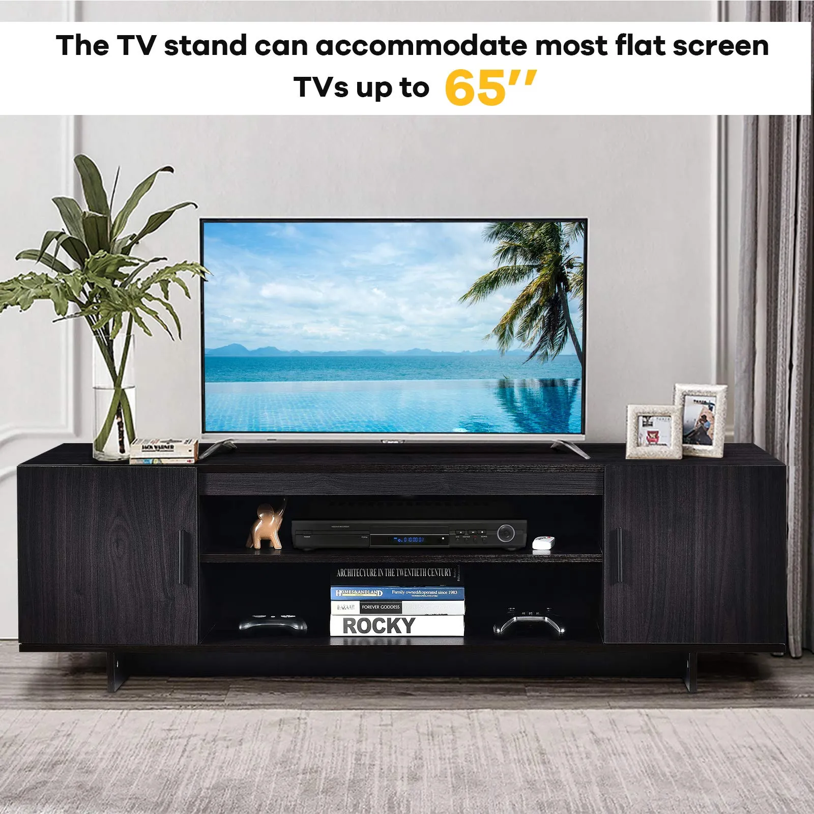 Tangkula Modern Wood Universal TV Stand for TV up to 65", Media Console with 2 Storage Cabinets & Open Shelves