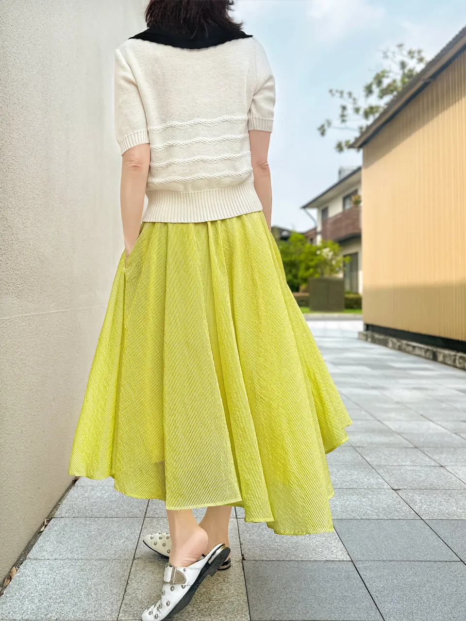 Vibrant Green Textured Stripe Elastic Waist Flare Skirt