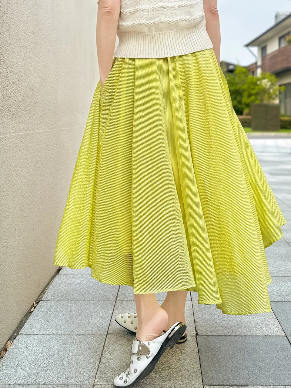 Vibrant Green Textured Stripe Elastic Waist Flare Skirt