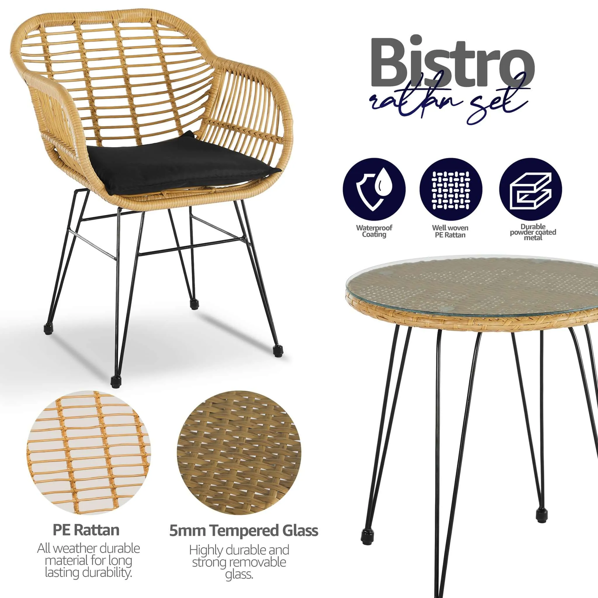 Vicenza Wicker Rattan Bistro Table & Chairs Set